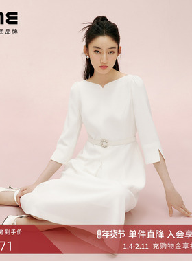 朗姿集团LIME莱茵一字领收腰连衣裙白色25春七分袖优雅高级感裙