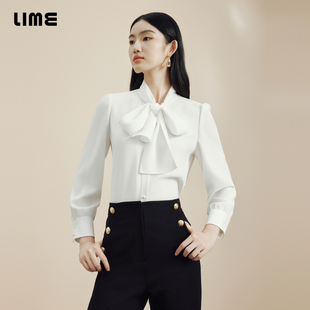 减龄通勤上衣 LIME莱茵法式 优雅飘带领设计感长袖 衬衫 白色2024新款