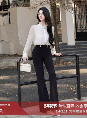 【莱茵超模裤】朗姿/LIME爆款黑色微喇显瘦修身针织弹力裤冬新款