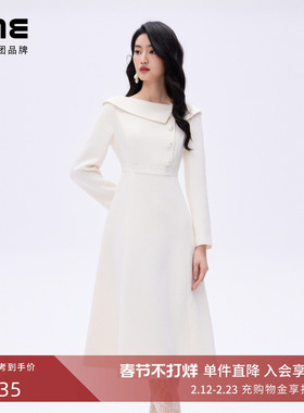 朗姿/LIME莱茵小香风不对称一字翻领连衣裙A字裙滴油扣饰26春新款