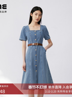 LIME莱茵复古牛仔连衣裙蓝色春夏新款方领棉质收腰简约优雅裙