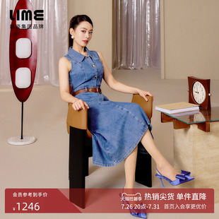 【吉娜同款】朗姿集团LIME莱茵复古蓝无袖牛仔连衣裙夏衬衫裙