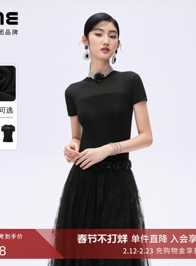 朗姿/LIME莱茵优雅半高领包肩袖针织衫短袖闪钻莱赛尔26年春新款