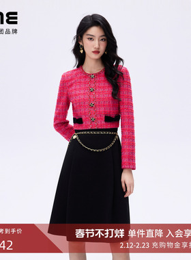 朗姿/LIME莱茵小香风羊毛格纹花式纱收腰伞摆圆领连衣裙26春新款