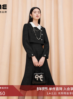 朗姿集团LIME亮丝花呢连衣裙黑色圆领金属扣假两件鱼尾裙25冬新款