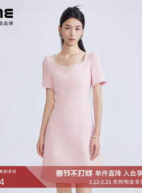 LIME莱茵小香风连衣裙淡粉色春夏新款粗花呢短袖收腰显瘦裙子