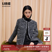 上衣灰圆领小香风花纱手工织带新款 朗姿 LIME莱茵羊毛粗花呢短款