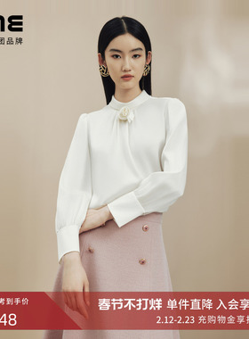 LIME莱茵优雅可拆卸花朵圆领桑蚕丝衬衫秋冬新款通勤白色上衣