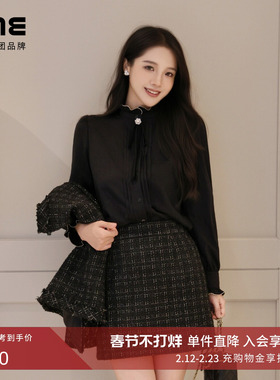 朗姿集团LIME莱茵羊毛混纺衬衫木耳边蝴蝶结领带简约休闲风25冬新