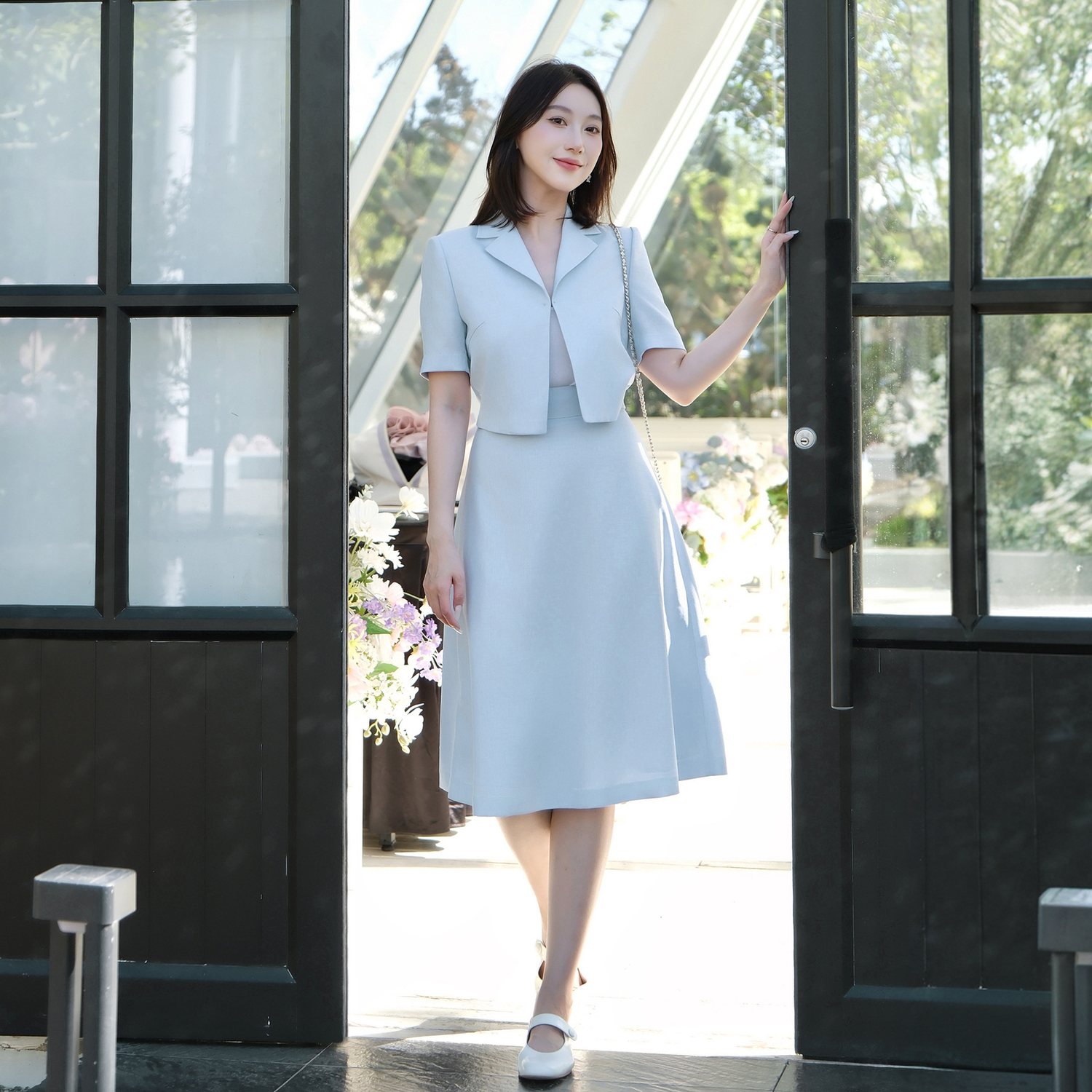 朗姿集团LIME莱茵优雅短袖西服半裙套装水蓝色25夏短上衣高腰裙