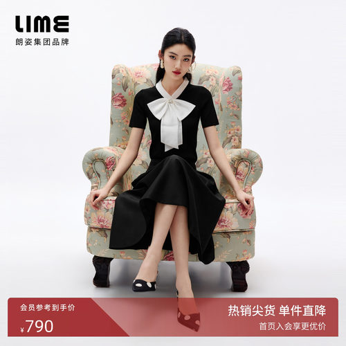 朗姿/LIME莱茵黑白撞色欧根纱蝴蝶结针织衫短袖通勤2026夏季新款