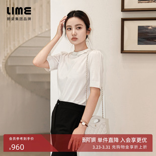 饰半袖 朗姿集团LIME莱茵圆领针织短袖 T恤春羊毛混纺珠链蝴蝶结装