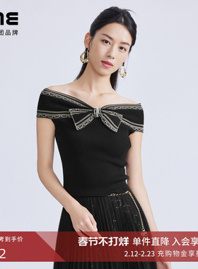 LIME莱茵一字领蝴蝶结针织套头衫黑色春夏新款钉珠设计感短袖