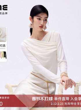 朗姿/LIME莱茵天丝羊毛修身打底衫非对称褶皱领线时尚26年春新款