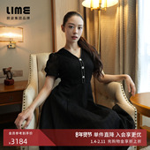 吉娜同款 朗姿集团LIME莱茵优雅V领收腰连衣裙黑色2025小黑裙