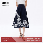 新款 朗姿 LIME莱茵黑白撞色印花高腰半裙A字裙设计感优雅2026夏季