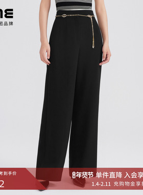 LIME莱茵年早春新款黑色休闲裤高腰直筒垂感通勤简约百搭裤子
