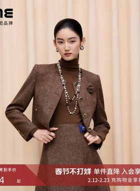 【明星同款】朗姿LIME莱茵英国MOON工坊羊毛花呢手工胸花半裙套装