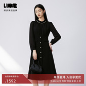 LIME莱茵圆领钉珠重工设计感连衣裙黑色秋新款 裙子 都市时尚