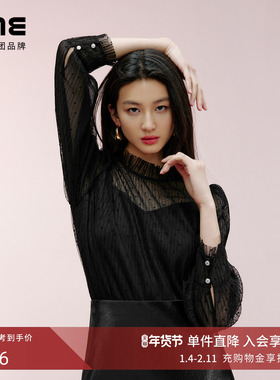 朗姿集团LIME莱茵法式优雅氛围感黑色蕾丝衬衫25春半高领上衣