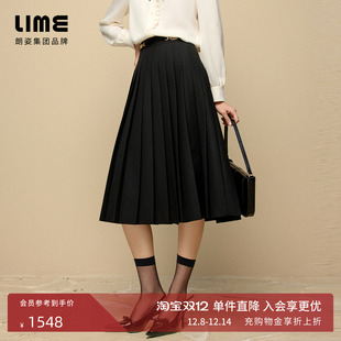 时尚 LIME莱茵高腰灰色显瘦百褶裙秋冬新款 商务通勤过膝半身裙