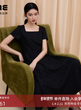 朗姿集团LIME莱茵千金风方领收腰连衣裙黑色25新款经典小黑裙长裙
