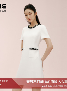 朗姿集团LIME莱茵优雅小香风圆领织带钉珠设计感连衣裙白色25夏