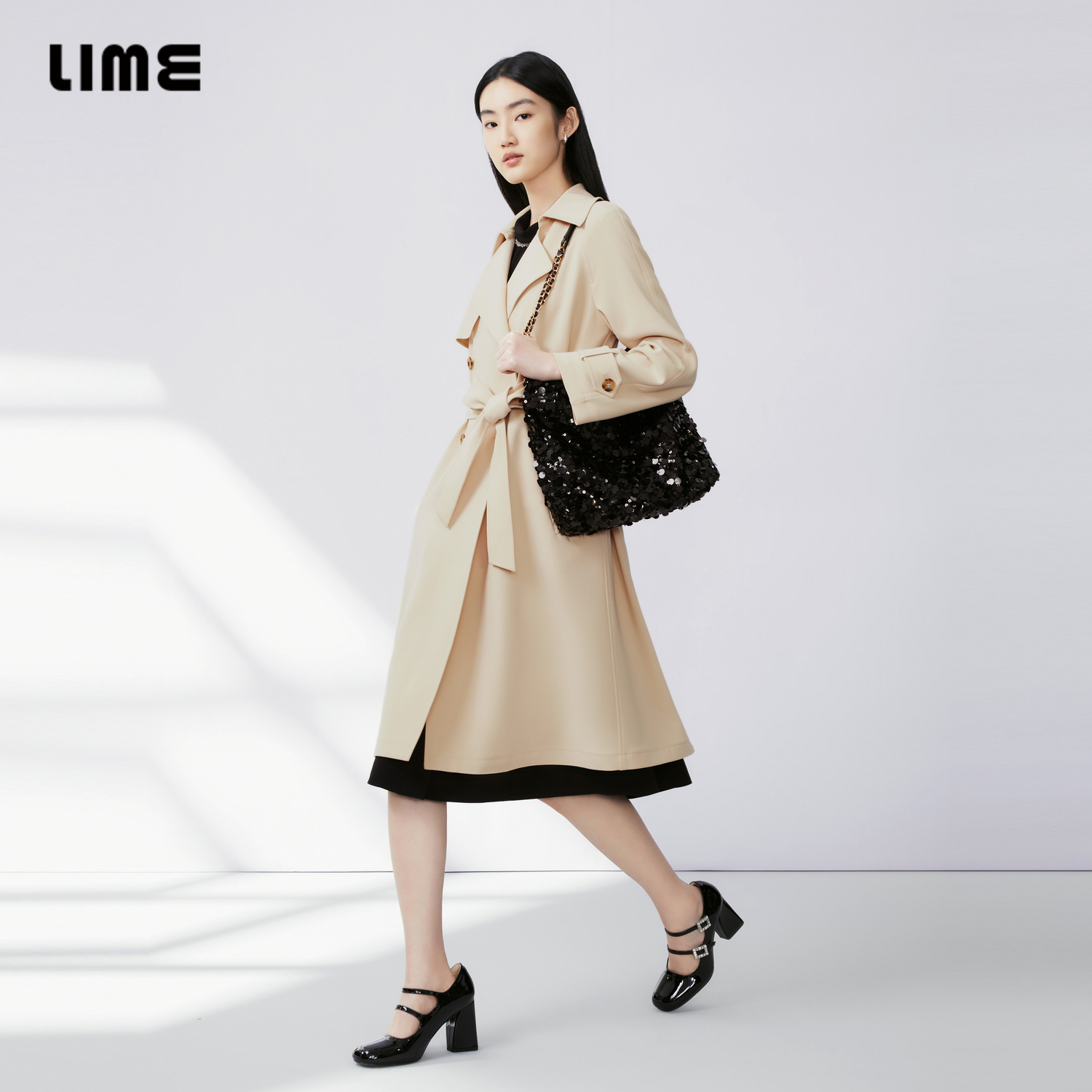 LIME莱茵英伦风长款风衣三醋酸弹力翻领收腰系带2024秋新款长外套