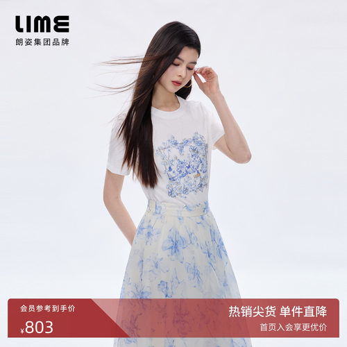 【商场同款】朗姿/LIME莱茵印花烫钻圆领T恤短袖百搭2026春夏新款