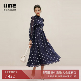 朗姿集团小立领花边波点印花连衣裙25春法式 收腰优雅过膝长裙