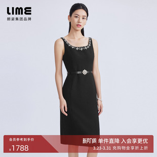 LIME莱茵年春夏新款 黑色吊带连衣裙收腰显瘦通勤OL钻饰设计感裙