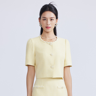 圆领优雅直筒粗花呢小香风女上衣 LIME莱茵米黄色外套2024春夏新款