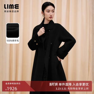 朗姿 LIME莱茵双面毛呢羊毛长大衣黑色配金色金属扣显瘦25冬新款