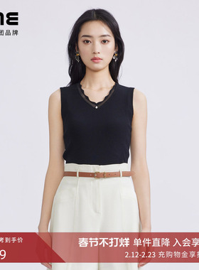 LIME莱茵年春夏新款针织吊带百搭黑色白色V领花边领优雅女背心