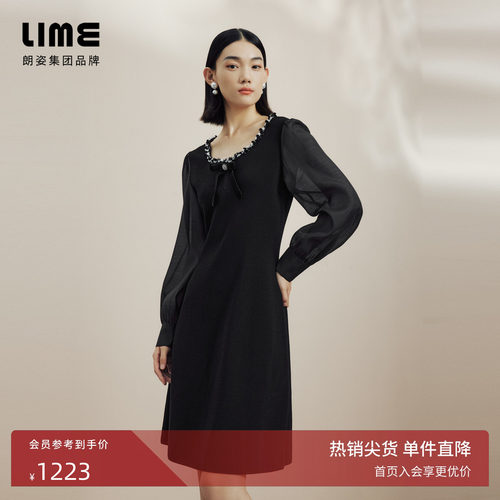 LIME莱茵针梭拼接黑色收腰连衣裙秋冬新款可拆卸蝴蝶结胸针裙子