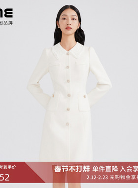 LIME莱茵年早春新款网纱刺绣小翻领连衣裙白色收腰A摆小香风裙