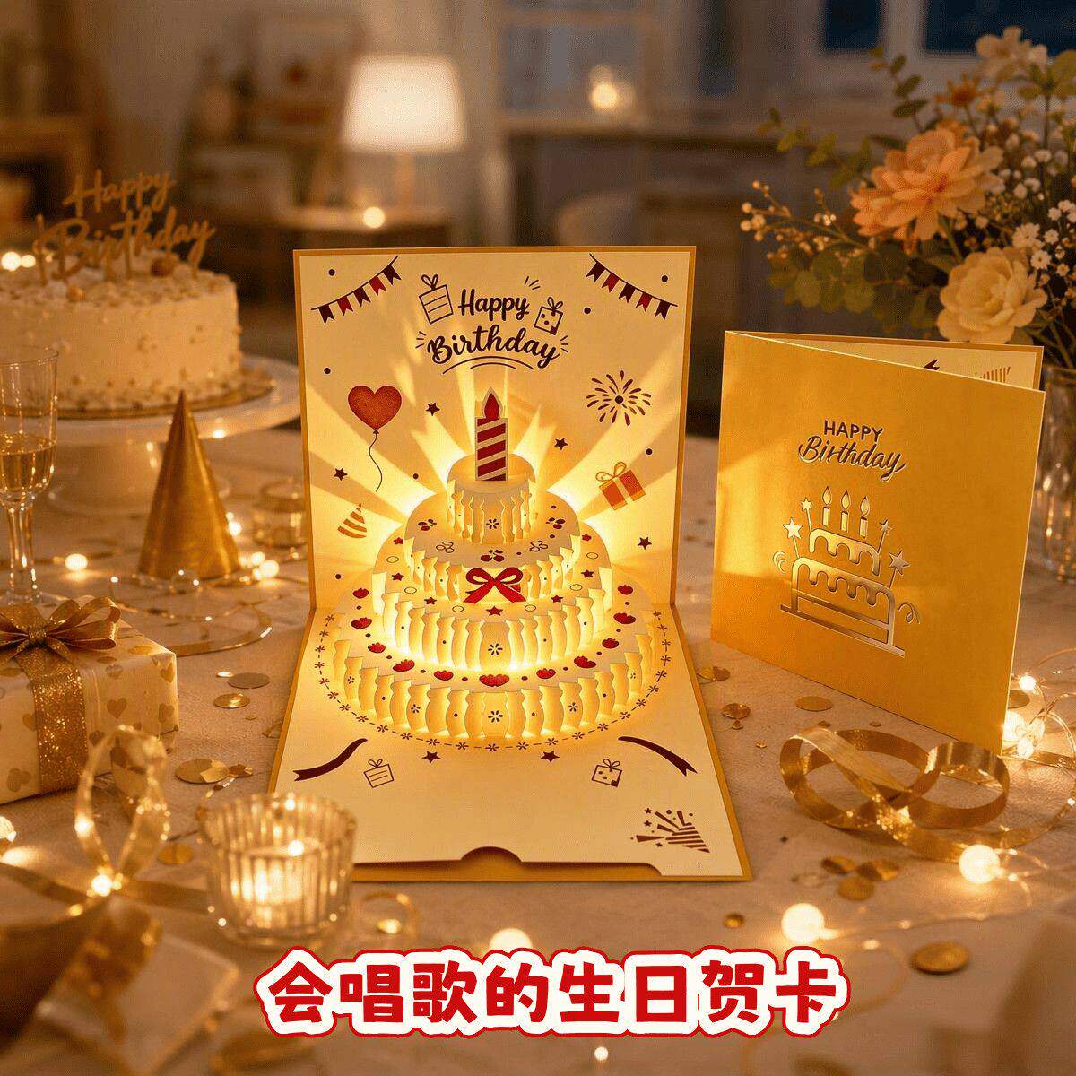 会唱歌灯光立体3d生日可折叠发光生日礼物高级感男女朋友生日礼物