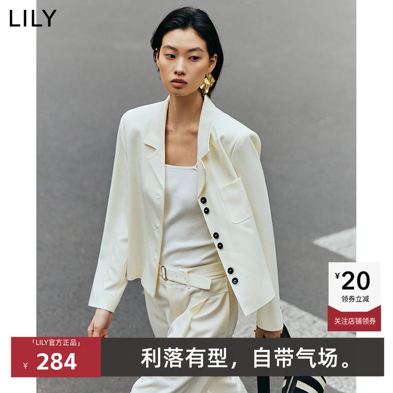 LILY春新款气质设计感撞色休闲米白色西装外套女短款小个子