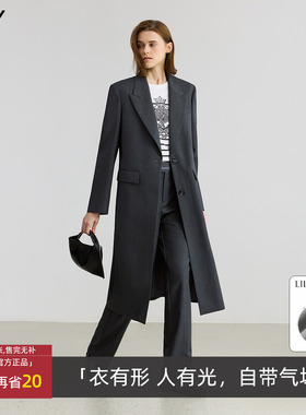 LILY春秋款女装含羊毛复古老钱风深色西装外套女长款125350C2516