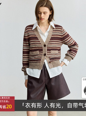 LILY春秋新款女装含羊毛落肩休闲撞色条纹针织开衫125350C5521
