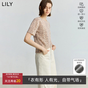 针织衫 LILY丽丽春秋款 短袖 羊毛混纺豹纹修身 上衣125350TK707 女装