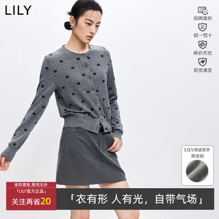 LILY2026春新款 外套女126109TC934 含羊毛波点休闲圆领针织开衫