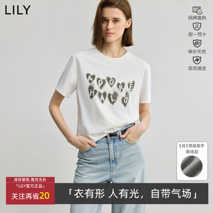 LILY春秋款 T恤女125320VT201 撞色爱心印花字母亮片白色短袖