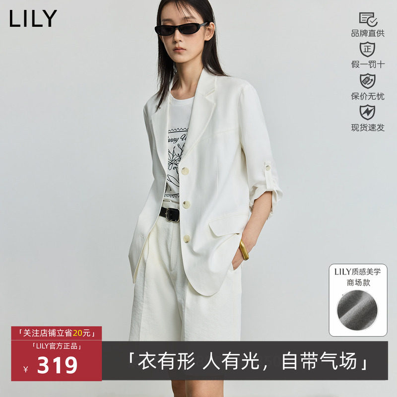 LILY夏新款女装亚麻休闲职业通勤七分袖白色西装外套125219C2914