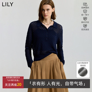 毛衣125340TK752 复古POLO领镂空藏青色针织衫 LILY丽丽春秋款 女装
