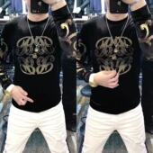 烫钻百搭潮流男装 623欧货秋冬季 男士 金丝绒T恤上衣小衫 长袖 打底衫