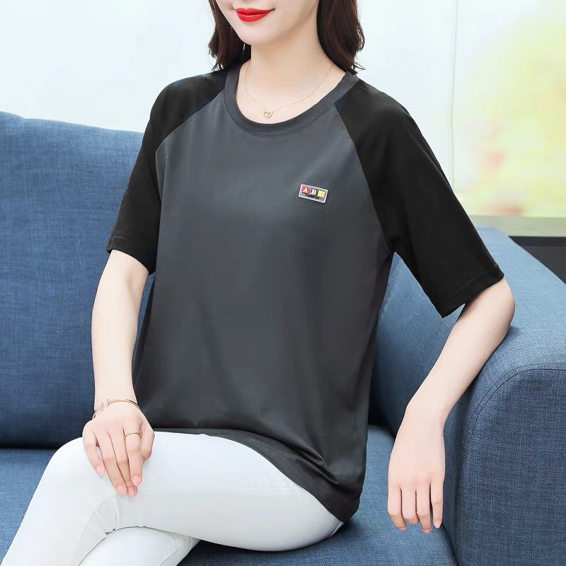 2025年夏装女士t恤上衣短袖宽松半袖体恤洋气减龄拼色圆领半袖妈,女装/女士精品,T恤,淘宝优惠券,粉丝福利购,淘宝优惠卷