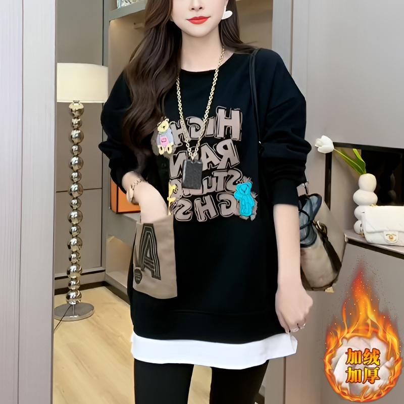 加绒中长款假两件卫衣女士秋冬装2026新款爆款遮屁股时尚外套上衣
