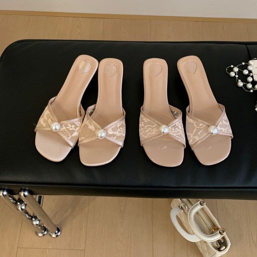甜美风珍珠蕾丝一字拖女