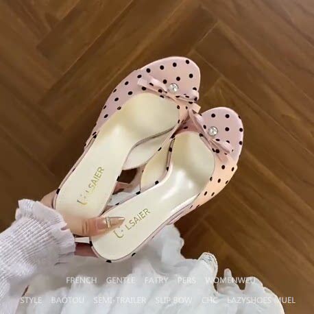 羊皮版！甜美蝴蝶结露趾凉拖鞋女真皮细跟高跟鞋法式温柔一字拖